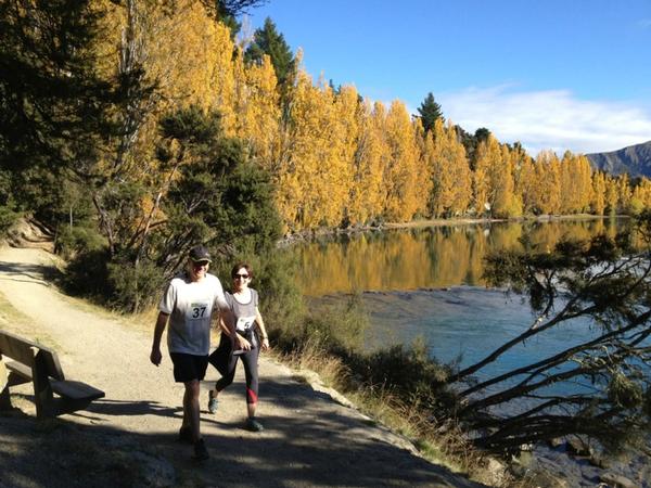 Jocelyn Noble and Howard Russel both of Auckland, enjoying the autumn colours on the Outlet Track during Race 3 Kathmandu Riverrun Trail Series  